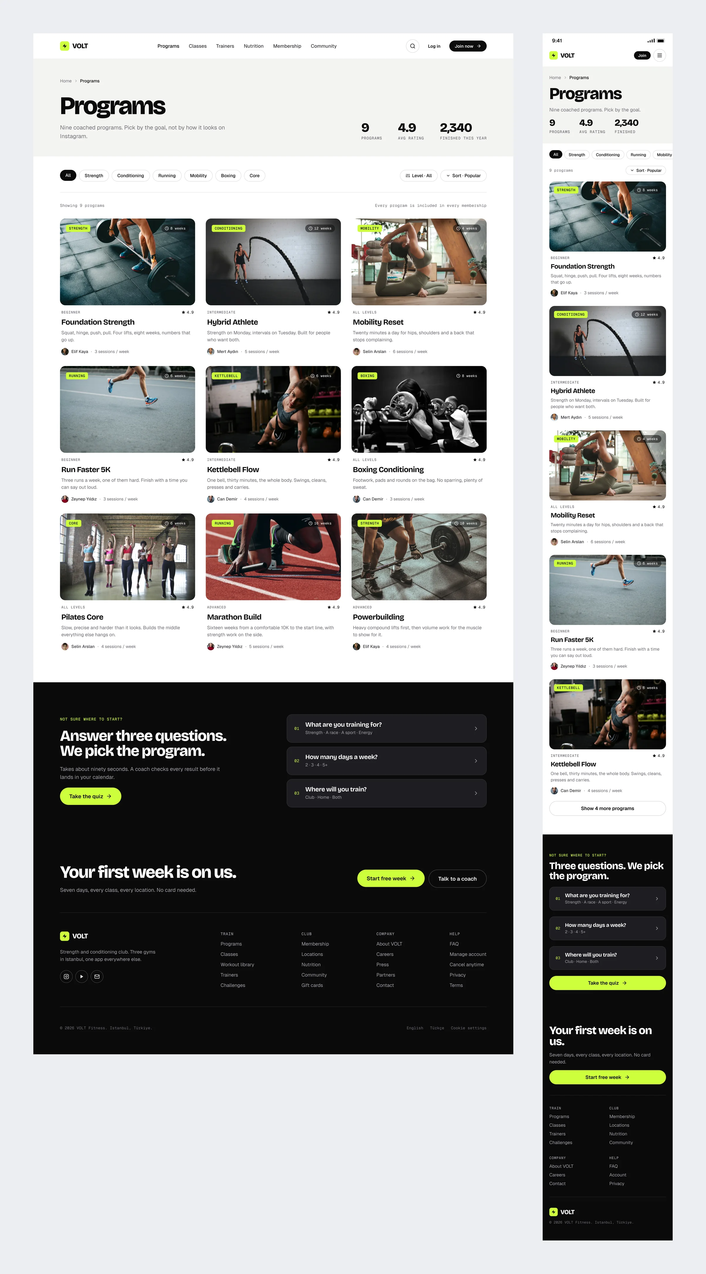 The VOLT programs page with nine program cards, goal filters and a three question quiz