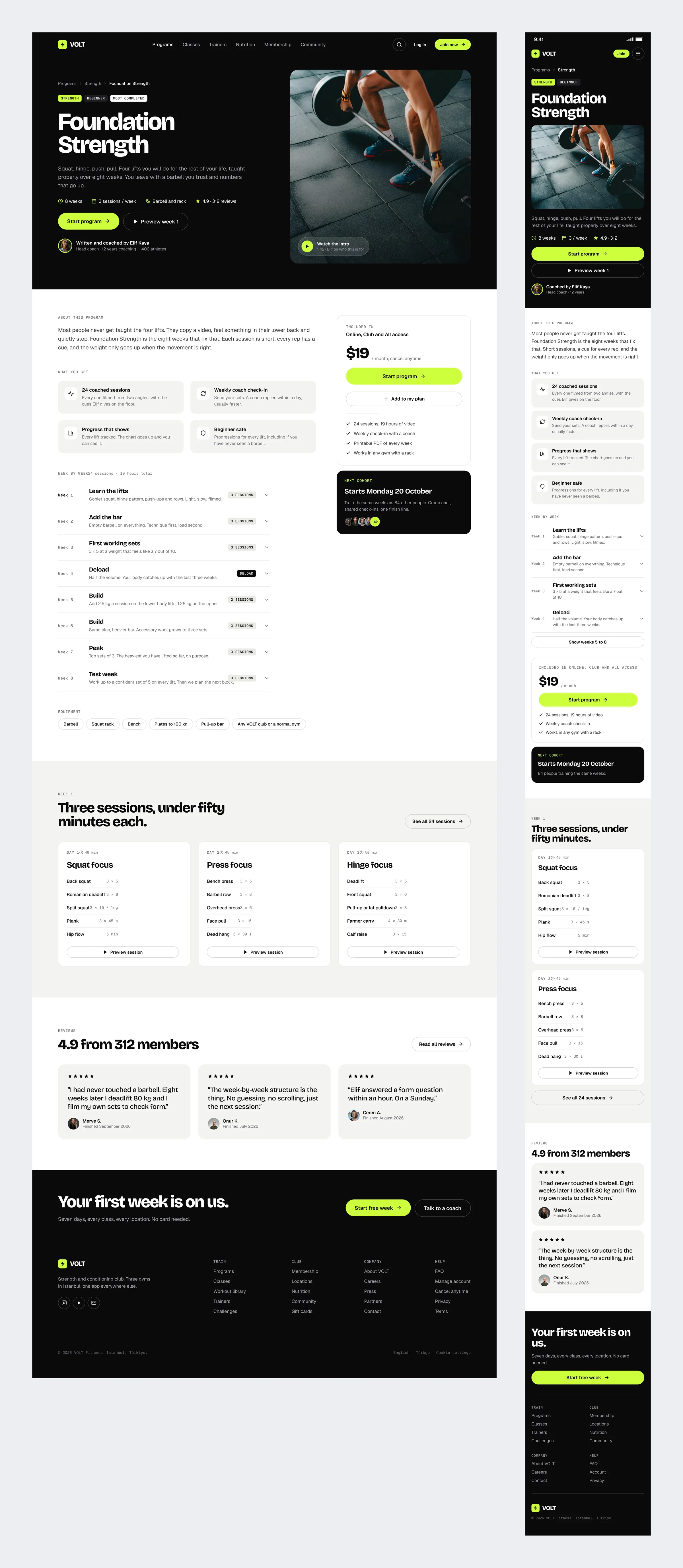 The Foundation Strength program page with the coach, a sample week, the equipment list and member reviews