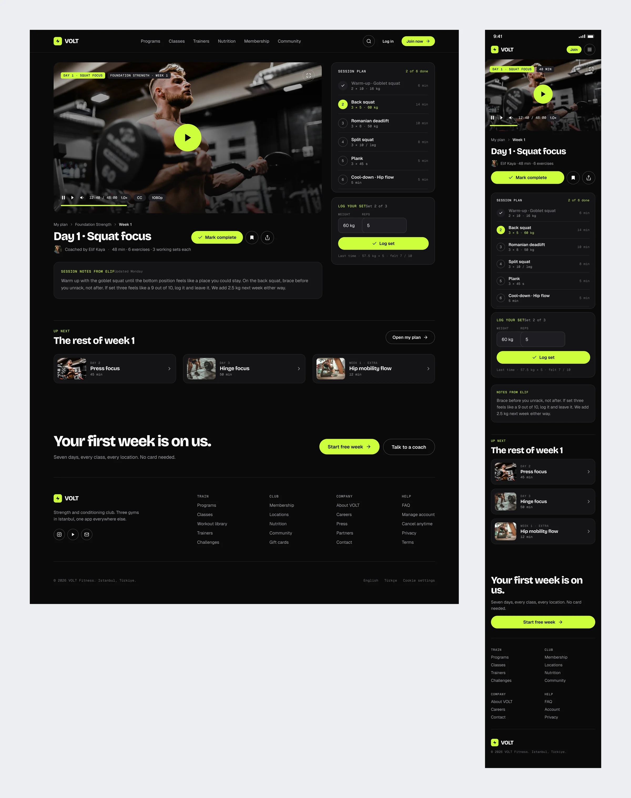 The dark VOLT workout player with the exercise video, the session plan and a set logger