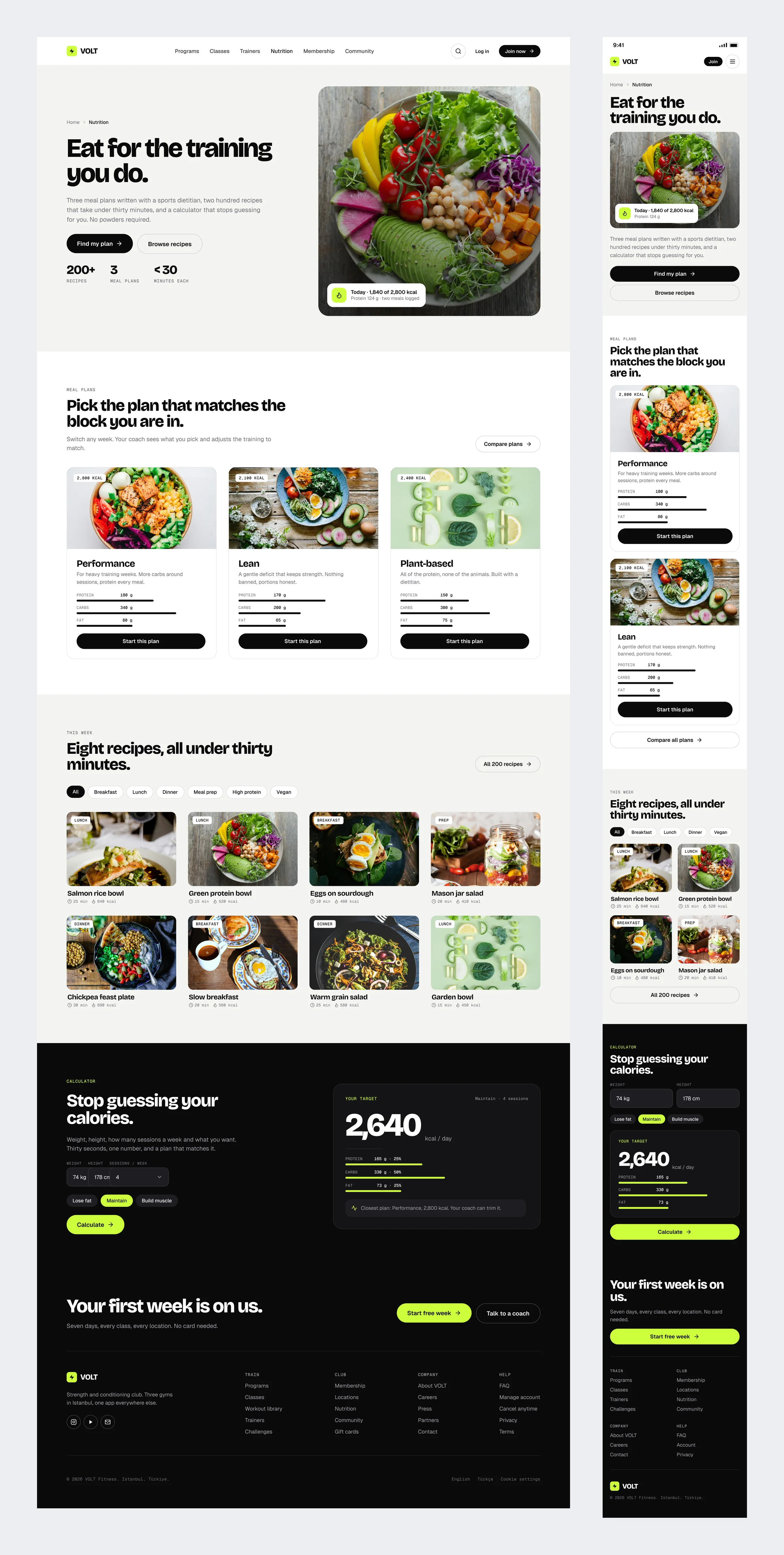 The VOLT nutrition page with three meal plans, quick recipes and a calorie calculator