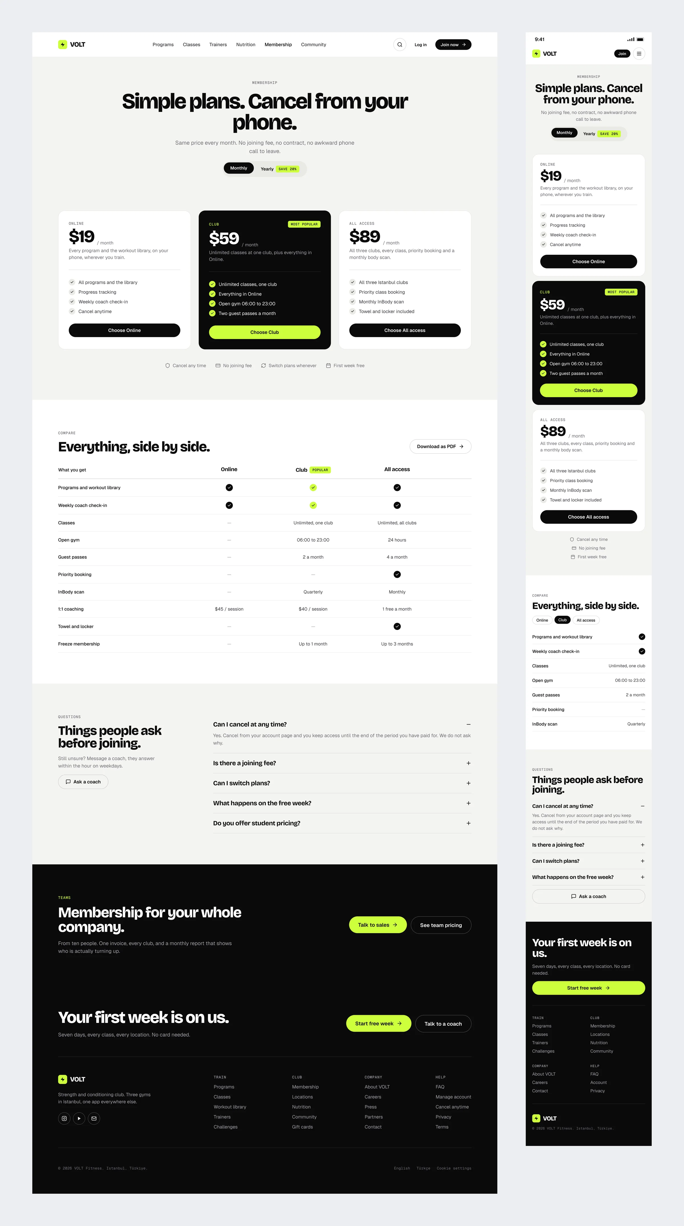 The VOLT membership page with three plans, a comparison table and common questions