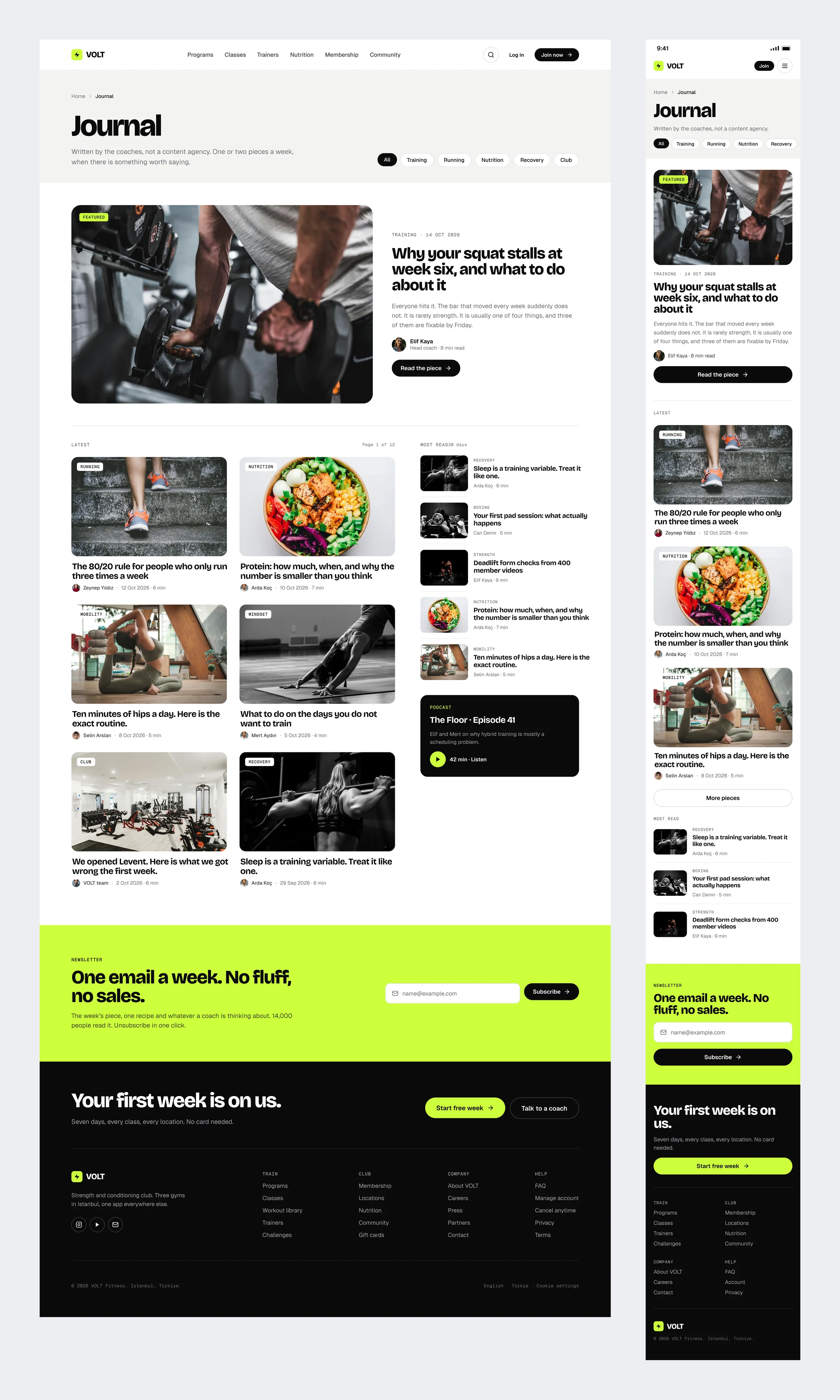 The VOLT journal with a featured article by a coach, recent pieces and a newsletter signup
