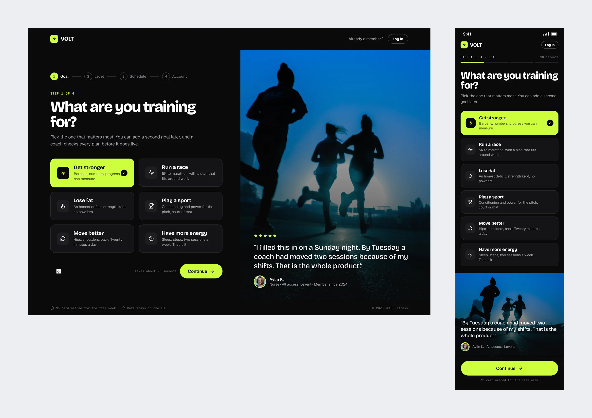 The VOLT sign up flow asking what you are training for, next to a member photo and her quote
