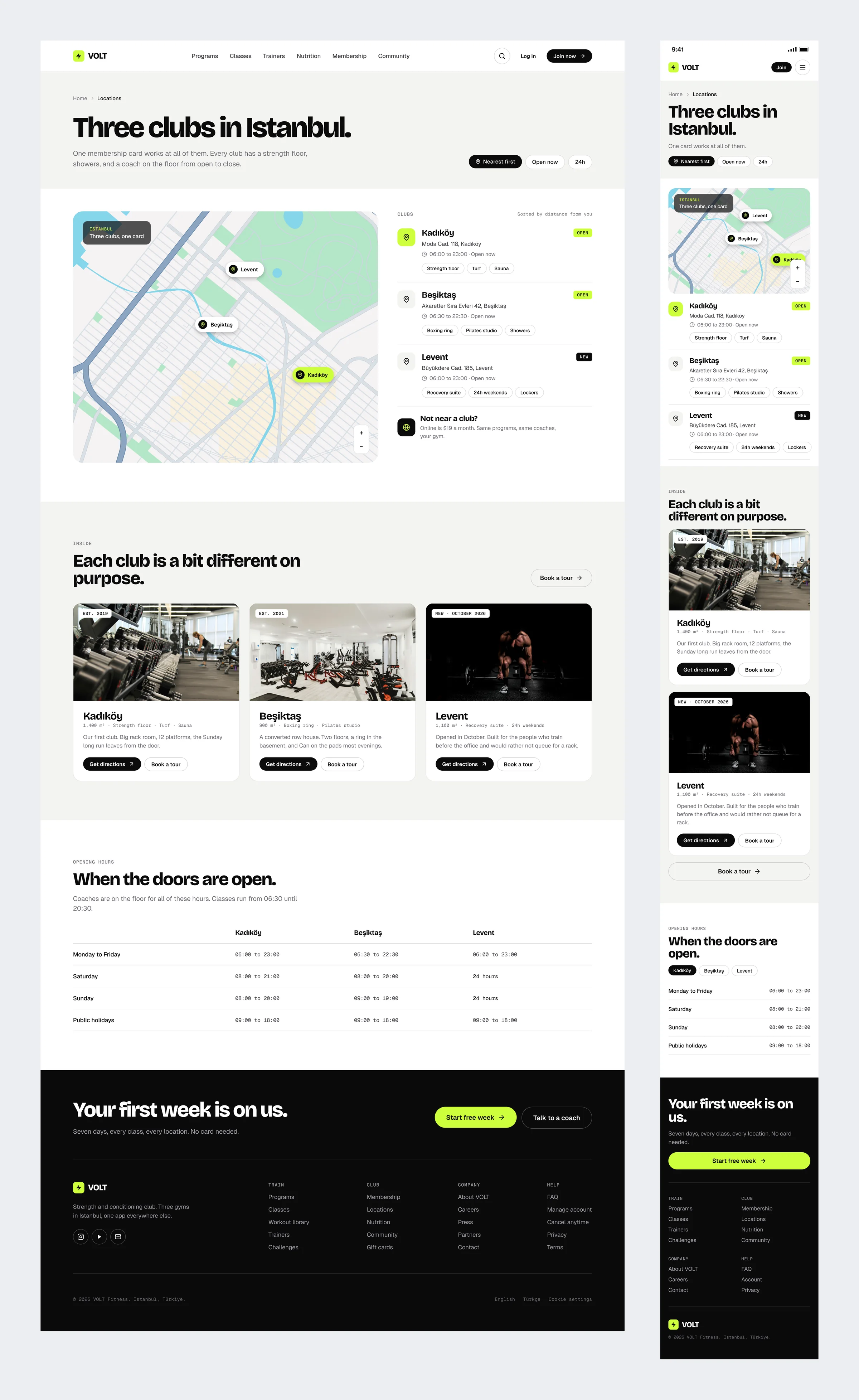 The VOLT locations page with three Istanbul clubs on a map, club cards and opening hours