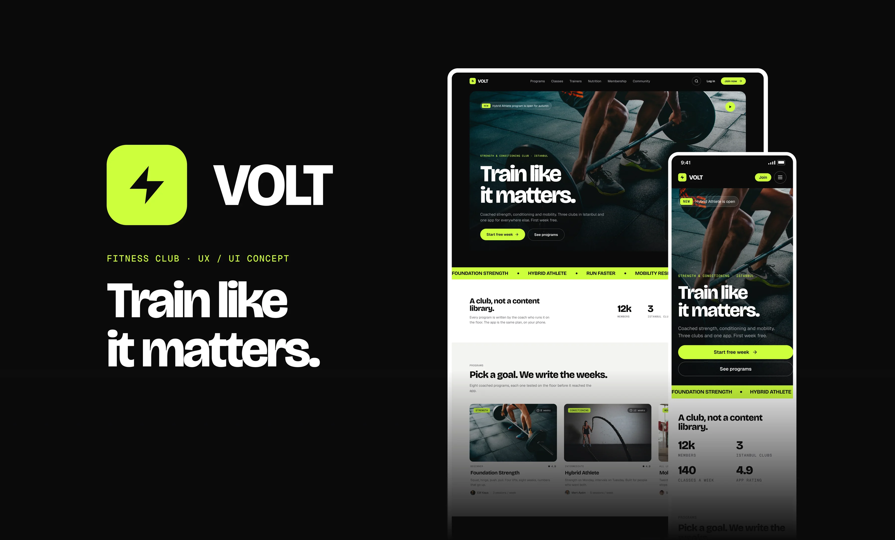 The VOLT site on desktop and mobile, opening with the Train like it matters home page