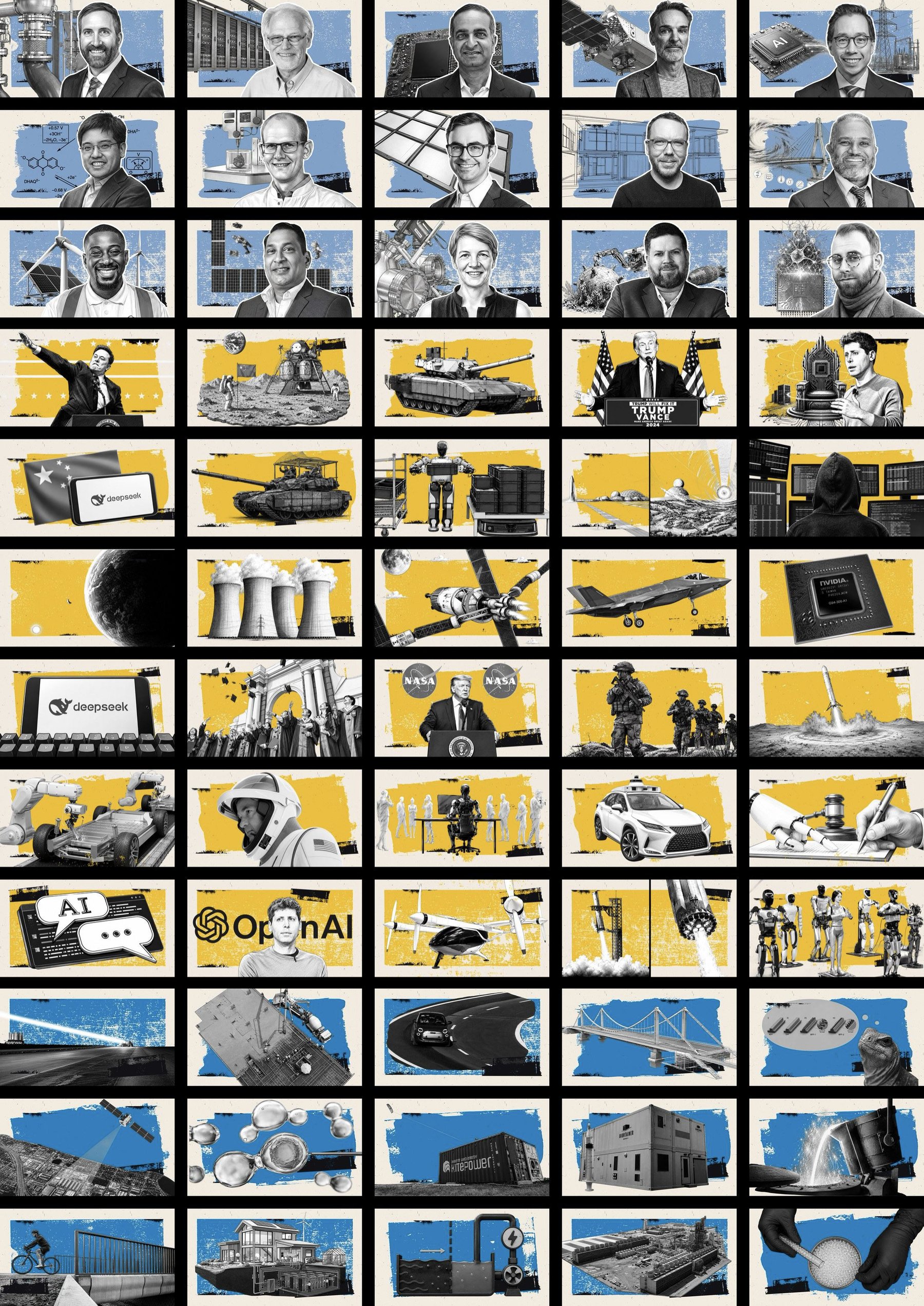 Full grid of editorial thumbnails covering industrial, technology, business, defense, and public-figure subjects