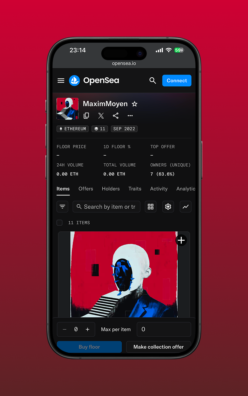 MaximMoyen OpenSea profile shown on a mobile device