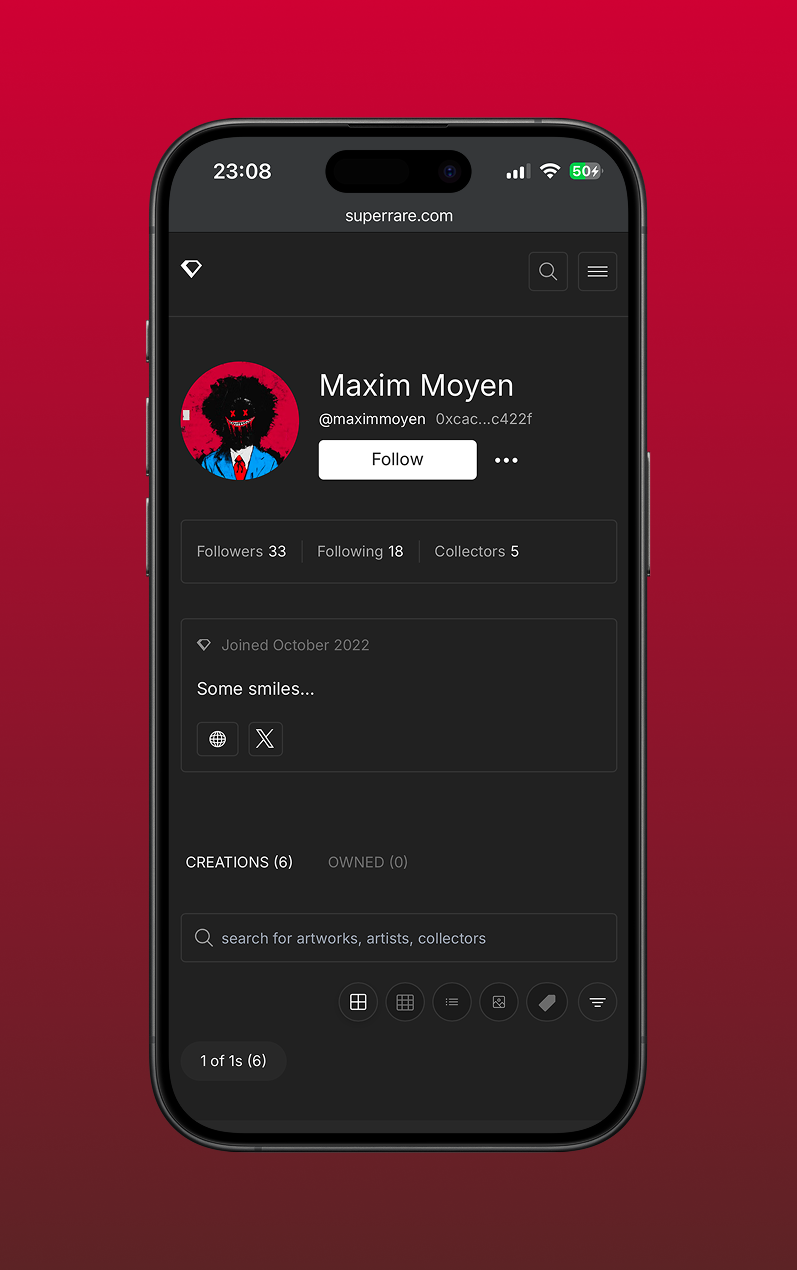 MaximMoyen SuperRare profile shown on a mobile device
