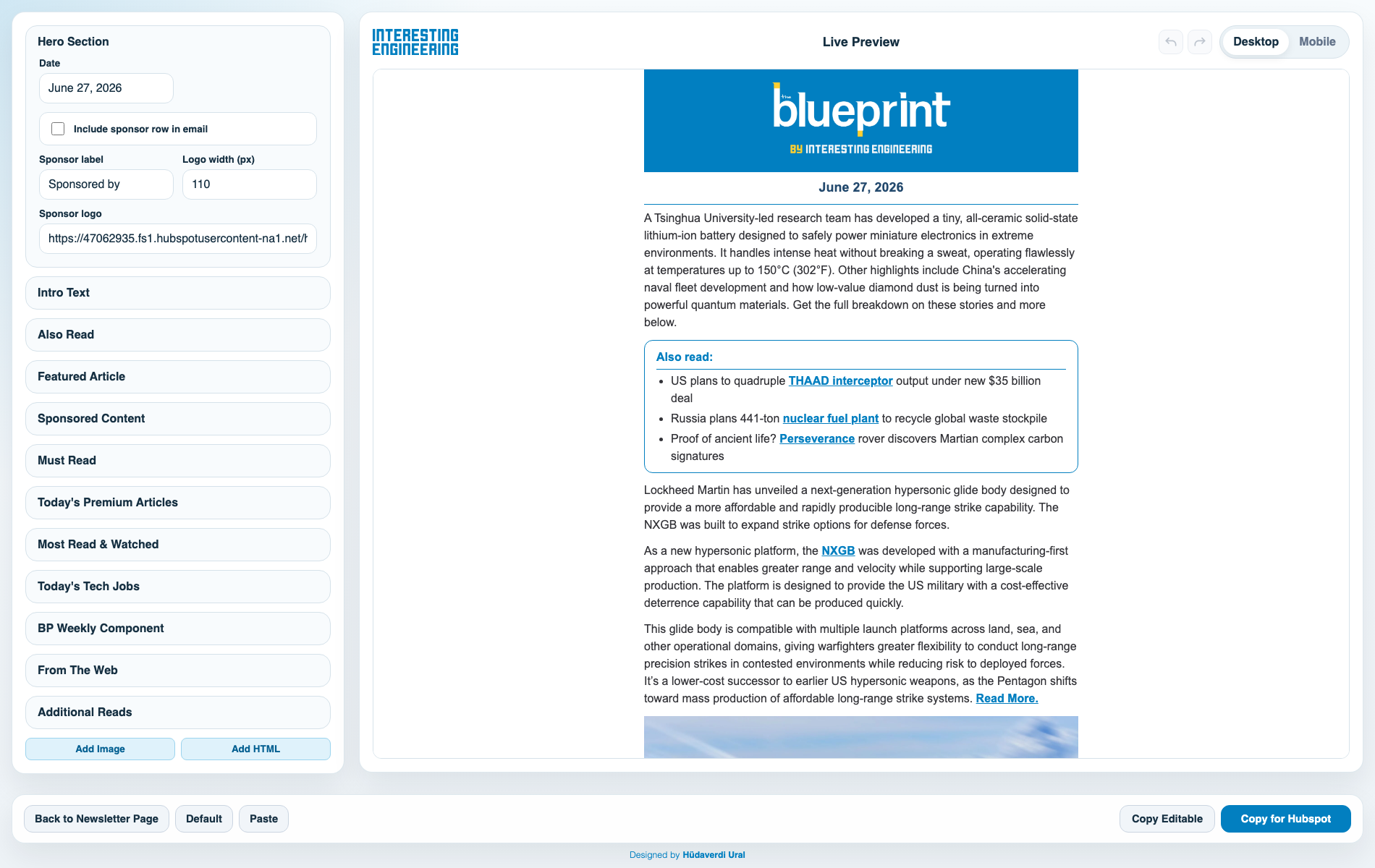 HubSpot Newsletter Builder dashboard showing the module editor and live preview