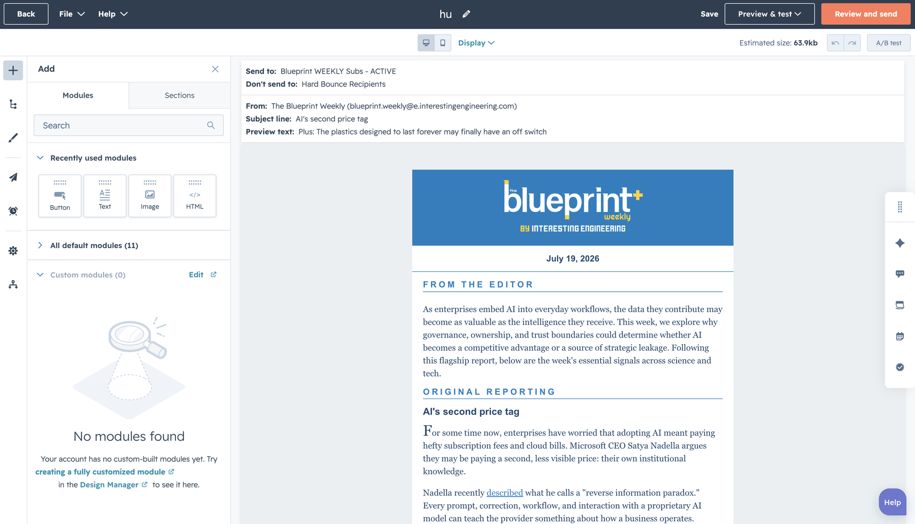 HubSpot's native email editor showing a newsletter being edited