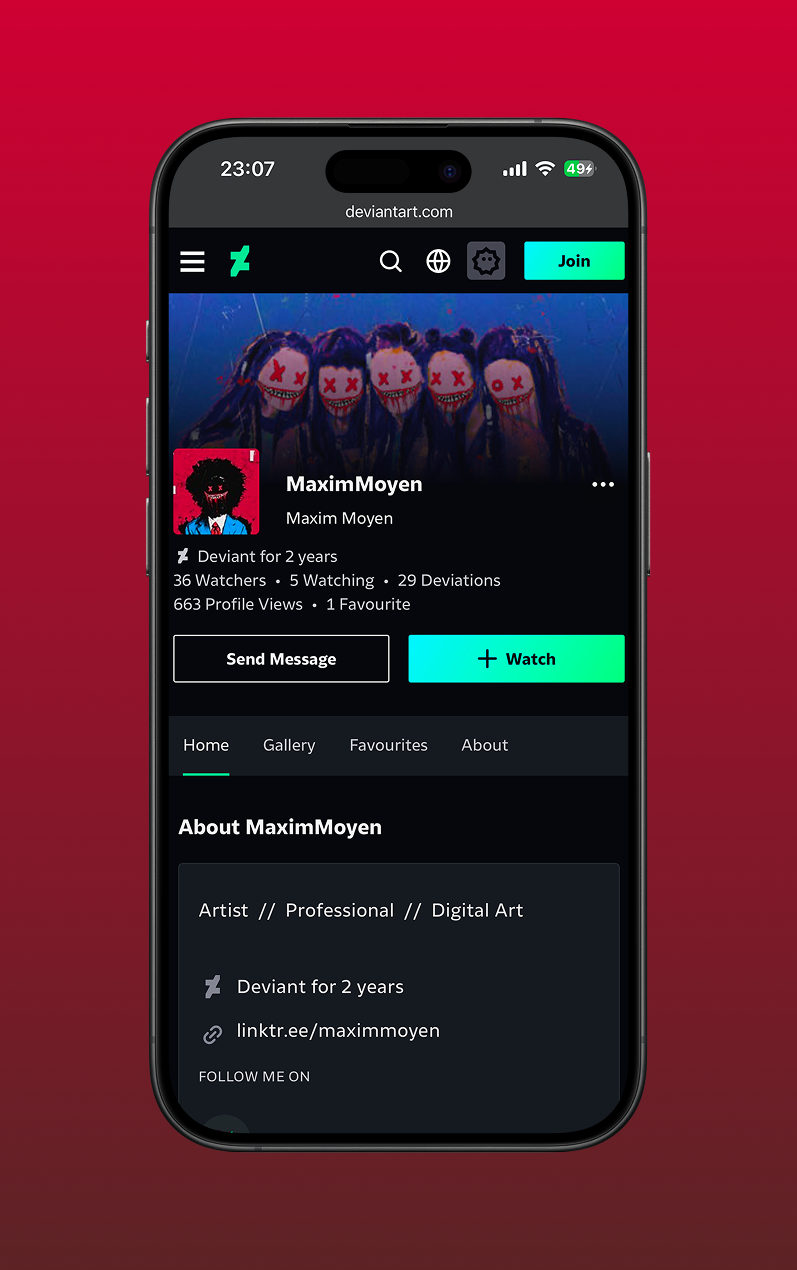 MaximMoyen DeviantArt profile shown on a mobile device